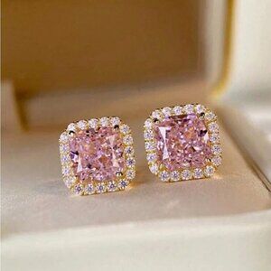 Pink Cushion-Cut Stud Earrings With Natural Crystal